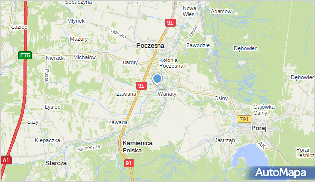 mapa Wanaty, Wanaty gmina Kamienica Polska na mapie Targeo